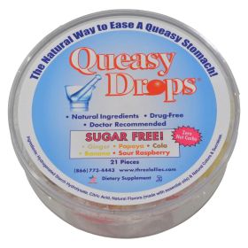 Three Lollies Queasy Drops Ginger Papaya Cola Banana Sour Raspberry - 21 Pieces