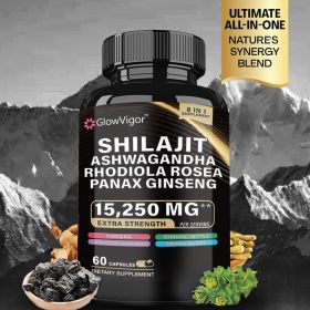 GlowVigor Shilajit 9000 Panax Ginseng 1500MG Ashwagandha 2000MG Rhodiola Rosea 999MG, Turmeric 500MG, Gingko Biloba 500MG, Stinging Nettle 250MG (Option: GlowVigor)